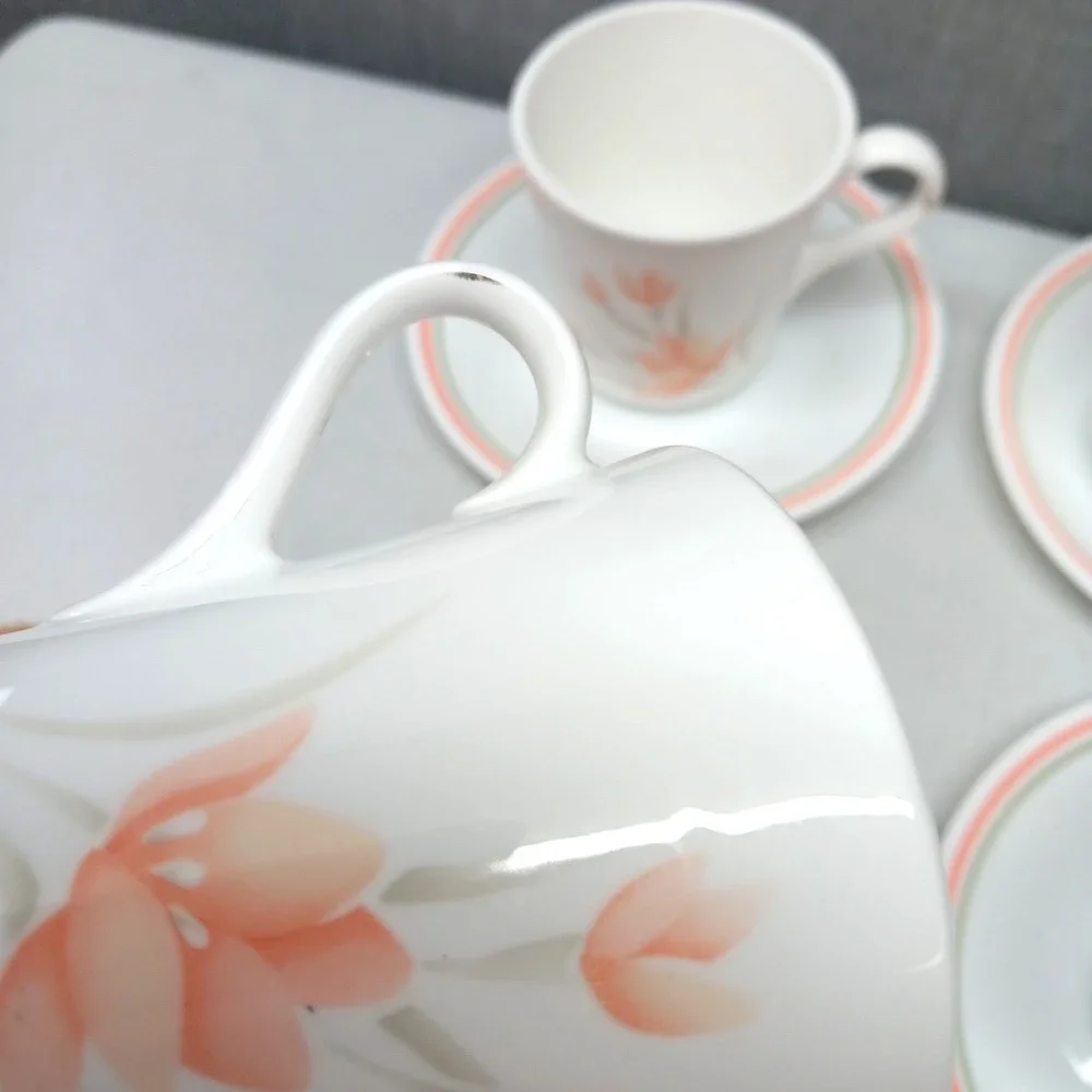 Vintage Corelle Peach Floral Cup Saucer Set‎ 4 Pink Green Stripe USA